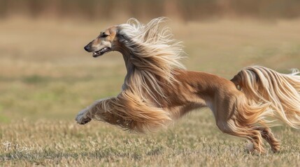 An Afghan hound runs with its long, flowing hair in the wind, showcasing dynamic movement and natural beauty within a field