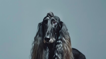 The image features a dignified Afghan Hound against a cool blue backdrop with its dramatic, flowing hair perfectly styled
