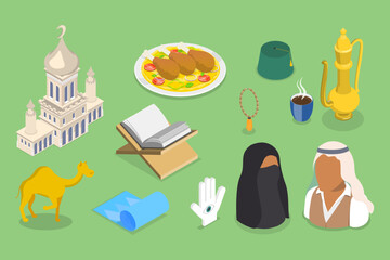 3D Isometric Flat Vector Set of Islamic Religion Items, Traditional Attributes of Arab Culture