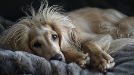 A melancholic long-haired cream-colored dog lies down on a fluffy grey blanket, gazing into the camera