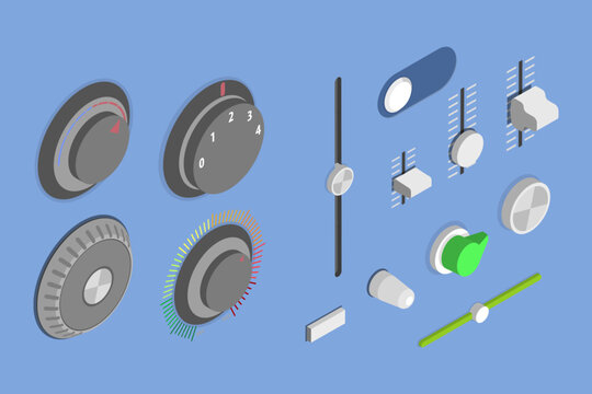 3D Isometric Flat Vector Set of Audio Mixer Dials, Radio Knobs