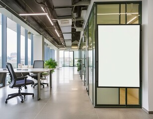 contemporary office corridor interior with mock up white billboard, glass doors, and modern furniture on concrete floors - architectural and design concept