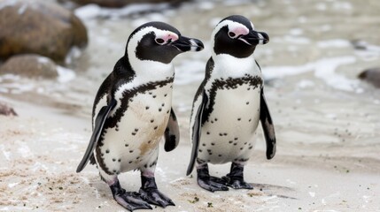 A pair of African Penguins seem to share an affectionate interaction on a sandy beach with rocks