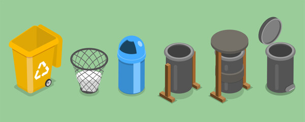 3D Isometric Flat Vector Set of Trash Bins, Garbage Containers