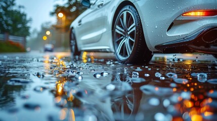 A white beautiful car stands in drops after raining on the street. Macro photography of car parts in closeup