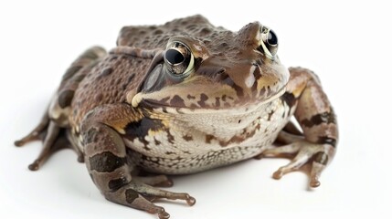 Fototapeta premium This image features a mottled brown frog resting peacefully against a pristine white background