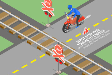3D Isometric Flat Vector Illustration of Crossing Railways, Safe Riding Rules