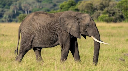 A lone African elephant wanders in the savannah, its tough skin textured against the vast grasslands