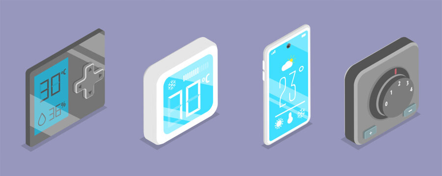 3D Isometric Flat Vector Set of Smart Home Heating And Cooling, Thermostat Collection