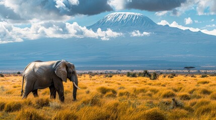 Majestic African elephant roams grassland with snow-capped Mount Kilimanjaro in the distance, a...