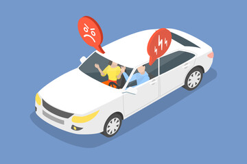3D Isometric Flat Vector Illustration of Fighting In Car, Unsafe Vehicle Driving