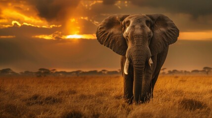 Fototapeta premium An elephant stands grand against the backdrop of a breathtaking sunset, showcasing beauty in the wild