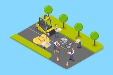 3D Isometric Flat Vector Illustration of Road Construction, Roadworks in a City