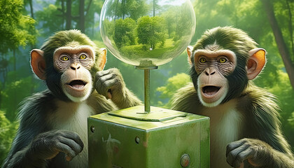 環境問題を研究する猿　AI画像　ジェネレーティブAI - obrazy, fototapety, plakaty