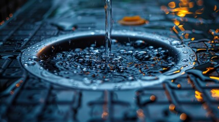 A wet iron washbasin with a close-up of the water drain - obrazy, fototapety, plakaty