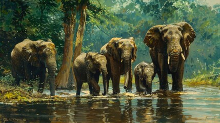 This painting depicts elephants by a river, with one elephant blurred, surrounded by lush greenery and calm water © Maximilian