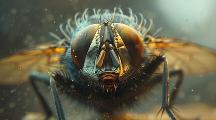 The black fly sits on the window. Close-up macro photo.