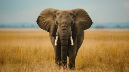 Fototapeta premium A lone elephant commands attention against the stunning backdrop of the golden savanna under a clear sky