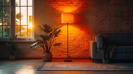 Home interior with floor lamp and indoor fern plant. Orange light emanating from lamp.