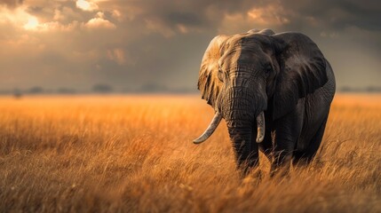 This captivating image showcases a lone elephant standing in a field of golden grass, illuminated by a soft, glowing light