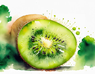 Watercolor kiwi slice with vivid green hues and dynamic splashes, embodying freshness and creativity - obrazy, fototapety, plakaty