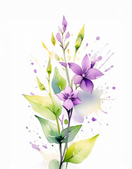 Elegant watercolor artwork of purple blooms and verdant foliage, embodying artistic vibrancy - obrazy, fototapety, plakaty