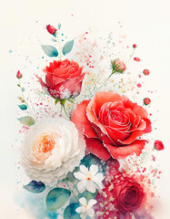 An artistic blend of roses in full bloom, set against a backdrop of colorful splashes, embodies the vibrancy of nature - obrazy, fototapety, plakaty