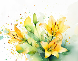 A vibrant mix of yellow lilies and green hues, this artwork captures the essence of spring - obrazy, fototapety, plakaty