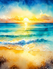 A vivid watercolor sunset over a calm beach, where warm and cool hues merge - obrazy, fototapety, plakaty