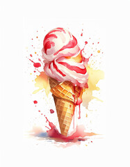 A vibrant illustration of a melting ice cream cone with red syrup, evoking a sense of summer sweetness - obrazy, fototapety, plakaty