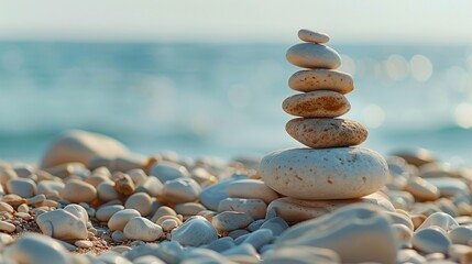 A pile of smooth stones carefully stacked on a pebbly beach, symbolizing balance, with the ocean as a calming backdrop - Powered by Adobe