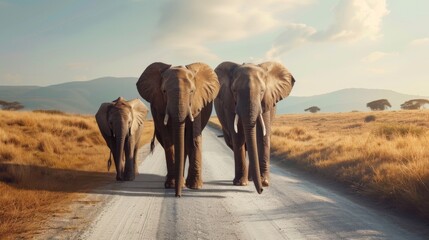The warm glow of the sun sets upon a majestic group of elephants as they journey through the dusty roads of Africa