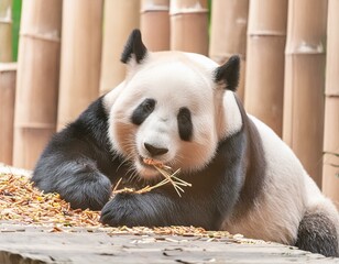 laid-back panda reclining against a bamboo backdrop, as it dines on an endless supply of its...