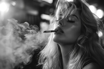 Obraz premium Close up of young woman smoking a cigarette, black and white photo