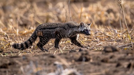 An African civet, identifiable by its unique fur pattern, navigates through a field of dry, golden grasses
