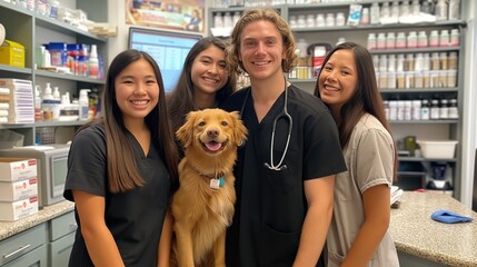 Veterinarian team with a golden retriever in a veterinary clinic