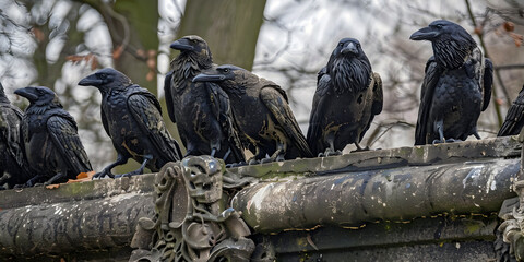 Naklejka premium Flock of ravens, ai generated.