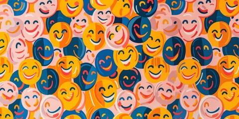 A dense pattern of smiling faces in yellow and blue, conveying a joyful and friendly mood.