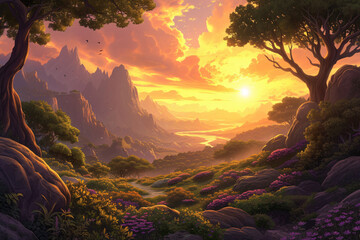Fantasy landscape with trees and flowers. Sci-fi planet landscape concept art. Fantasy space world. Mysterious and magical planet.