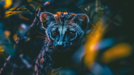 A moody, cinematic snapshot of a civet partially concealed by shadowy leaves