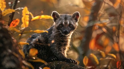 Warm, golden-hour photo of a civet sitting comfortably on a rock surrounded by fall leaves