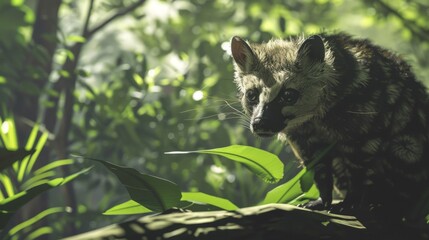 A striking image capturing a civet amidst lush green foliage, with sunlight filtering through the leaves
