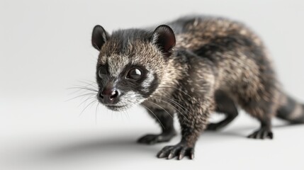 Detailed close-up of a civet with a focused expression against a plain, nondescript background