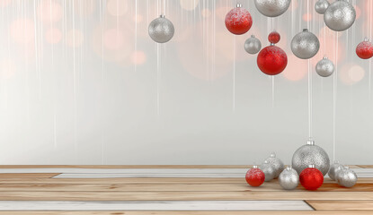 Elegant Christmas baubles hanging against a soft glowing background with a wooden floor.