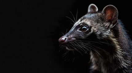 An exquisite side profile of a Genet animal, showcasing its striking features and fur pattern against a black backdrop