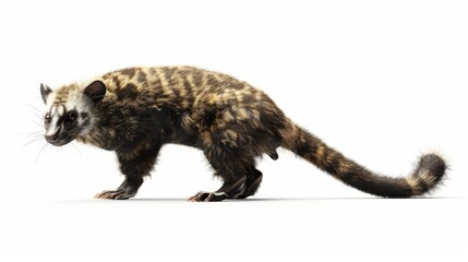 A full-body image of a Genet walking confidently, with clear detail on fur pattern and anatomy visible against a white background