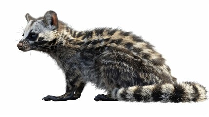 This high-resolution image features a civet-like wild animal with distinct patterns and detail on a white background