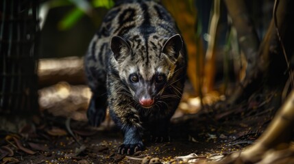 A stunning genet moves gracefully, illuminated by beams of light filtering through the surrounding foliage