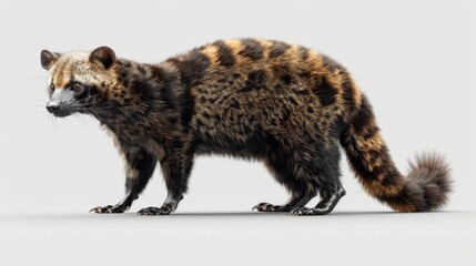 A full-bodied shot of a civet with striking fur patterns walking against a clean white background