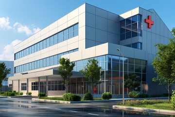 Modern hospital exterior. Beautiful view of the hospital building and flower bed